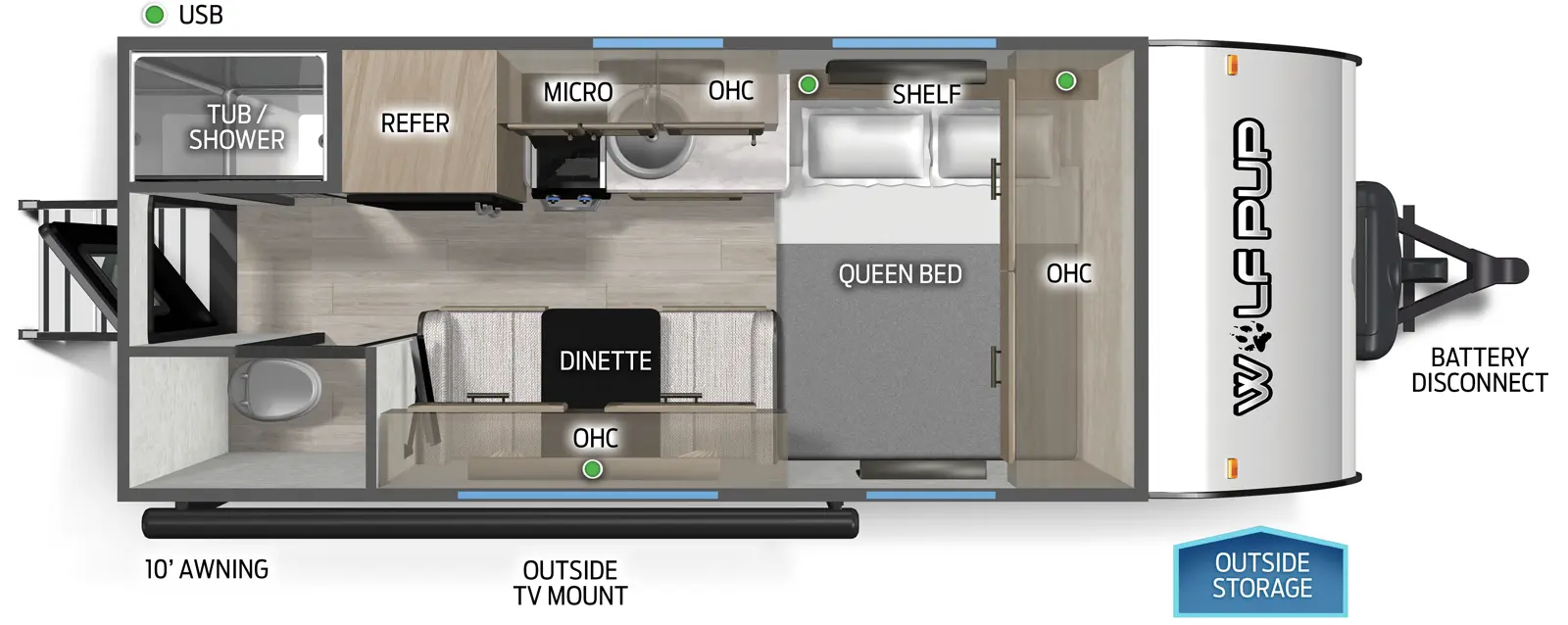 The Wolf Pup 14CCW floorplan has one entry and zero slide outs. Exterior features include: metal exterior and 10' awning. Interiors features include: front bedroom.